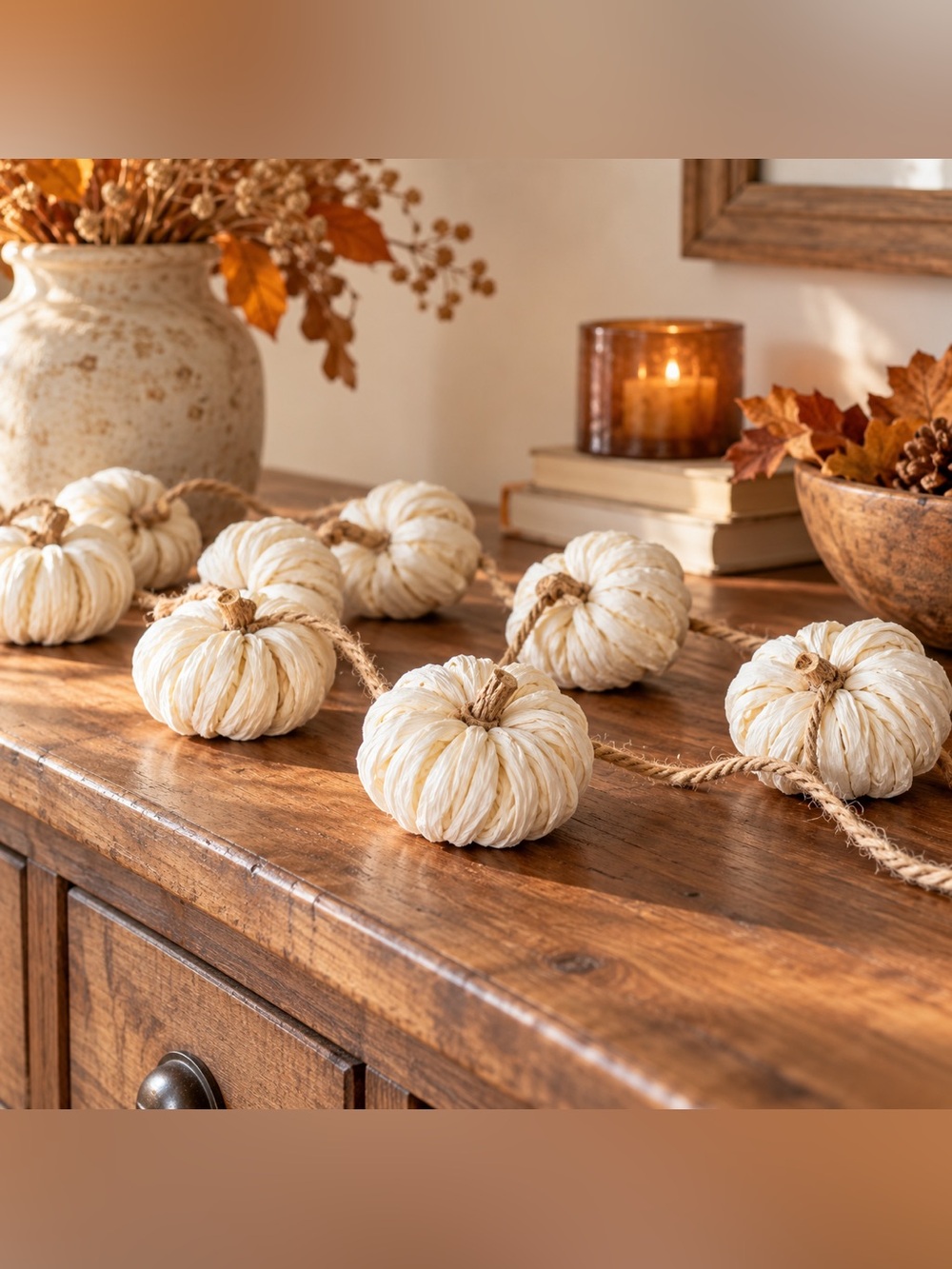 Ridgefield Home Cream Raffia Pumpkin Garland 6 Ft Fall Farmhouse Thanksgiving